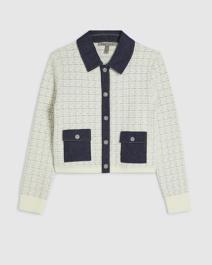 Cream Boucle Denim Mix Cardigan