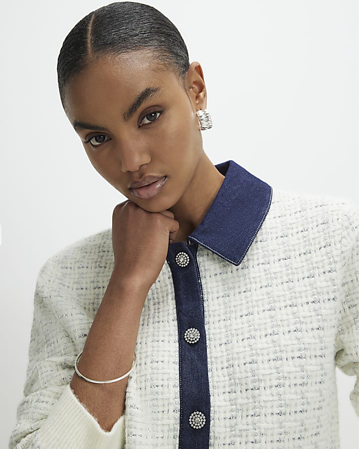 Cream Boucle Denim Mix Cardigan