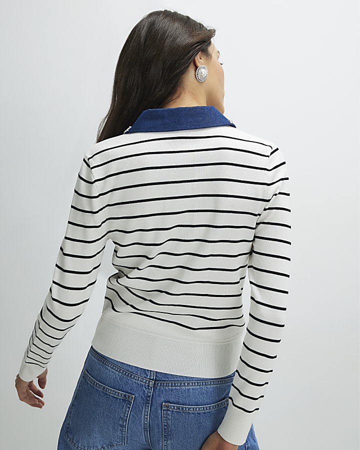 Cream Stripe Denim Detail Knitted Top