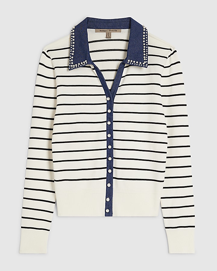 Cream Stripe Denim Detail Knitted Top