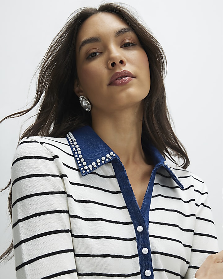 Cream Stripe Denim Detail Knitted Top