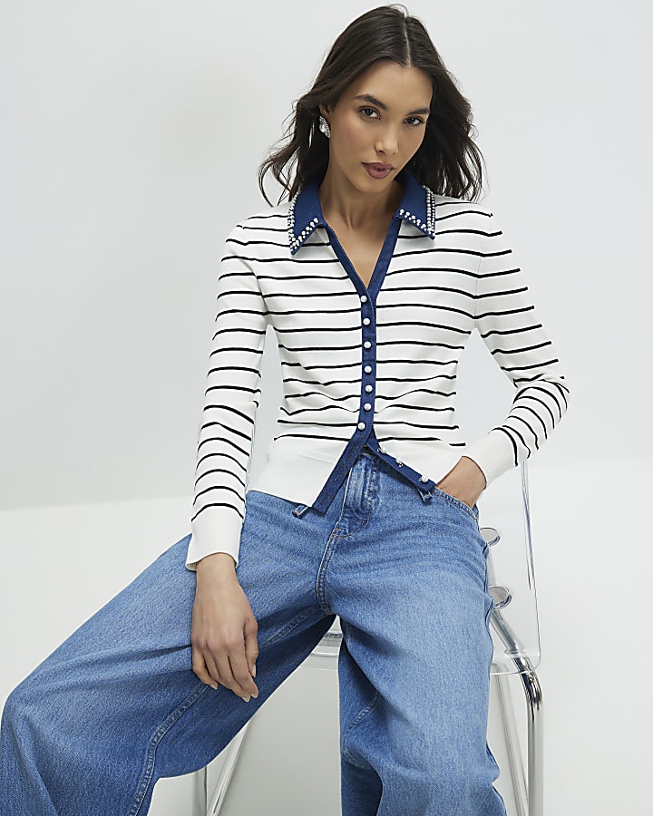 Cream Stripe Denim Detail Knitted Top