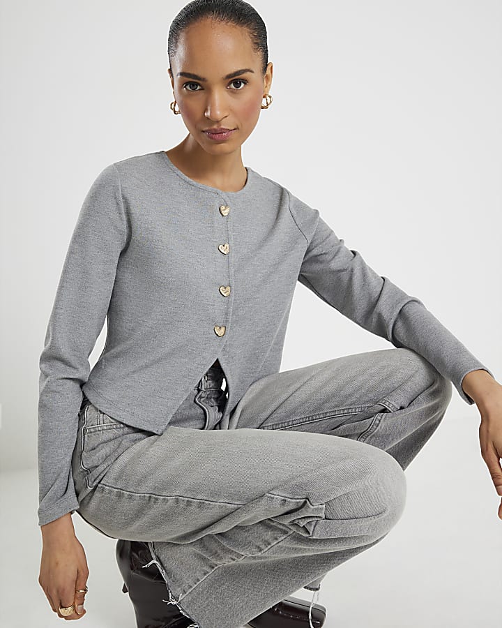 Grey Long Sleeve Cropped Heart Cardigan