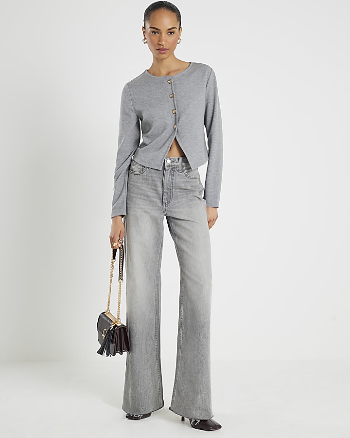 Grey Long Sleeve Cropped Heart Cardigan