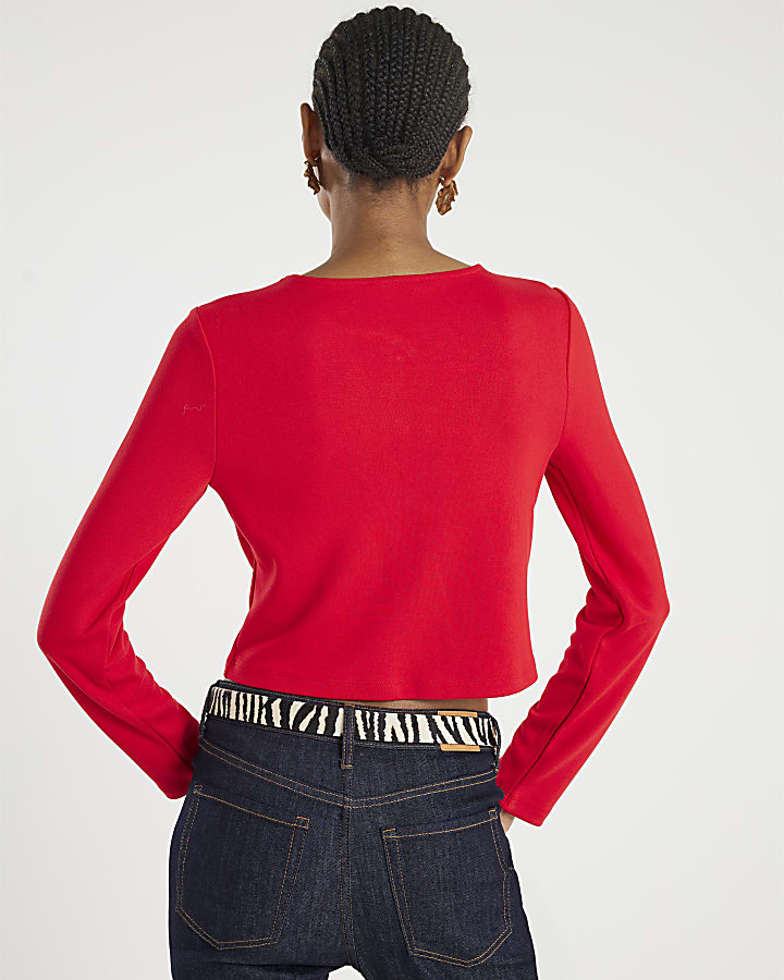 Red Long Sleeve Cropped Heart Cardigan