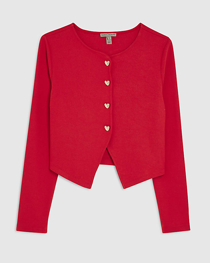 Red Long Sleeve Cropped Heart Cardigan