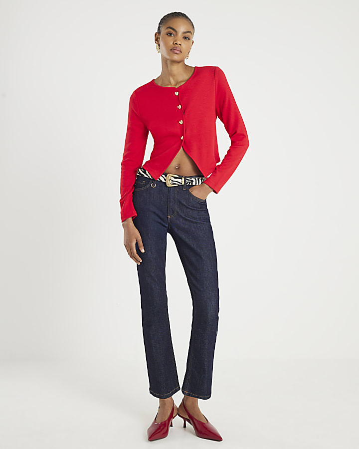 Red Long Sleeve Cropped Heart Cardigan