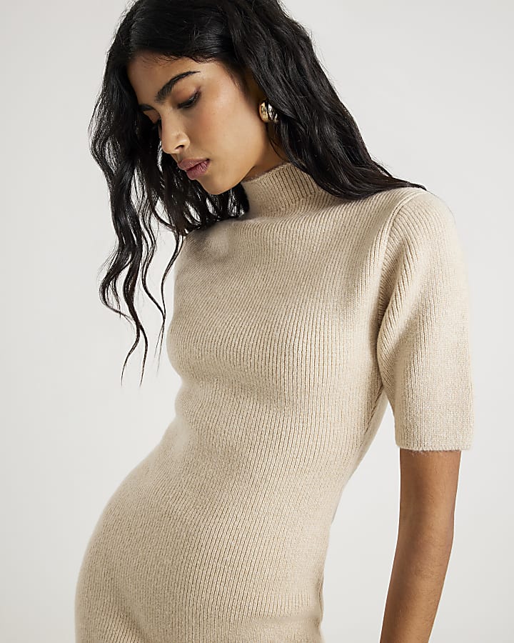 Cream High Neck Cosy Mini Dress