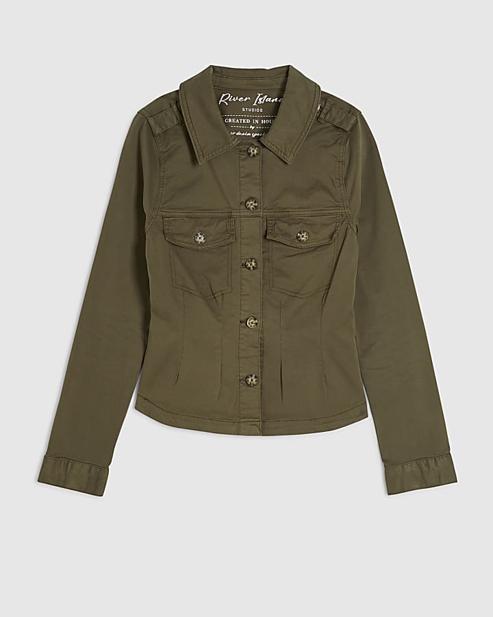 Khaki Long Sleeve Stretch Fitted Shirt