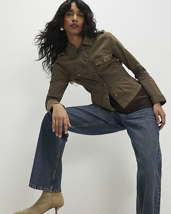 Khaki Long Sleeve Stretch Fitted Shirt