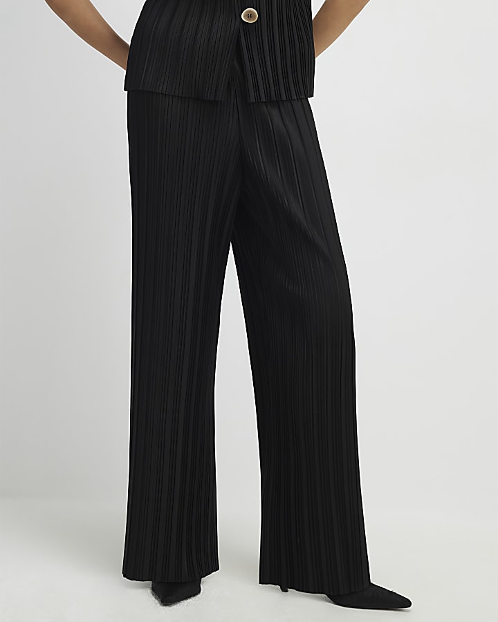 Black Plisse Wide Leg Trousers