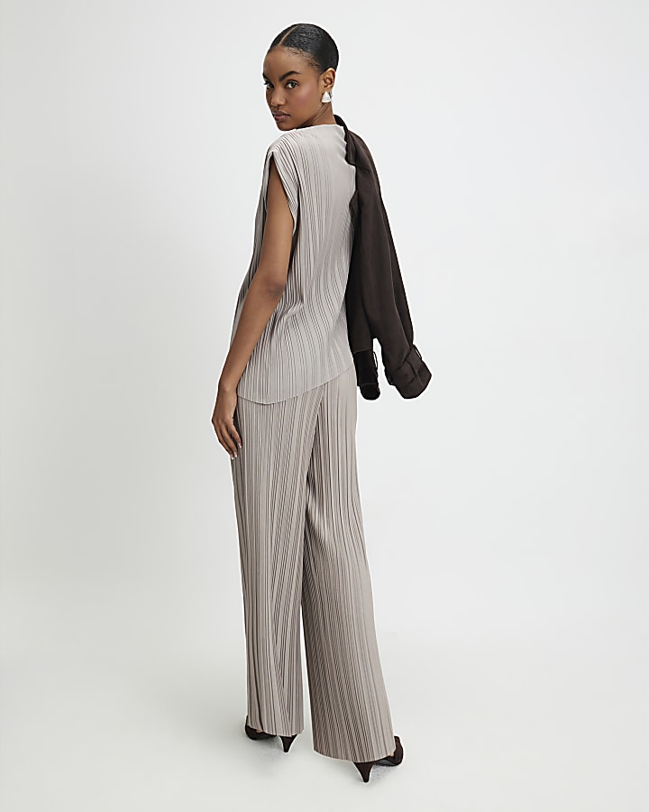 Grey Plisse Wide Leg Trousers