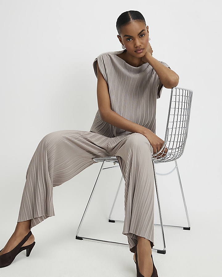 Grey Plisse Wide Leg Trousers