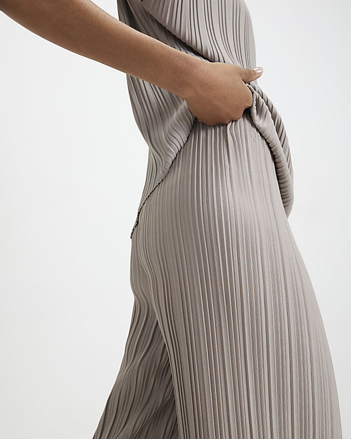 Grey Plisse Wide Leg Trousers