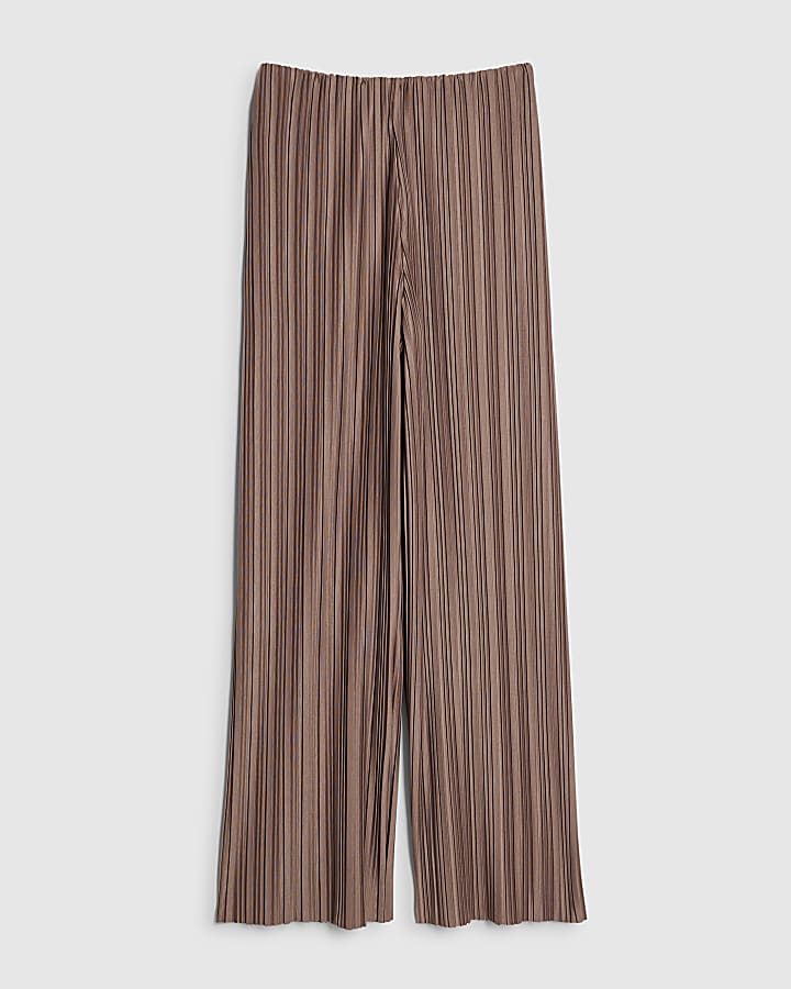 Beige Plisse Wide Leg Trousers