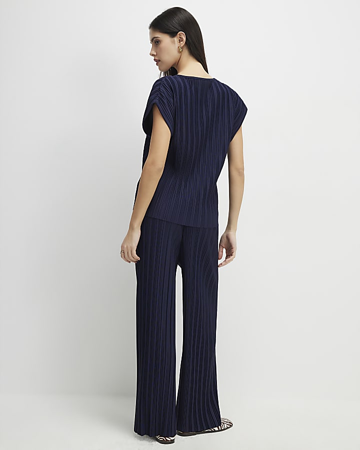 Navy Plisse Wide Leg Trousers