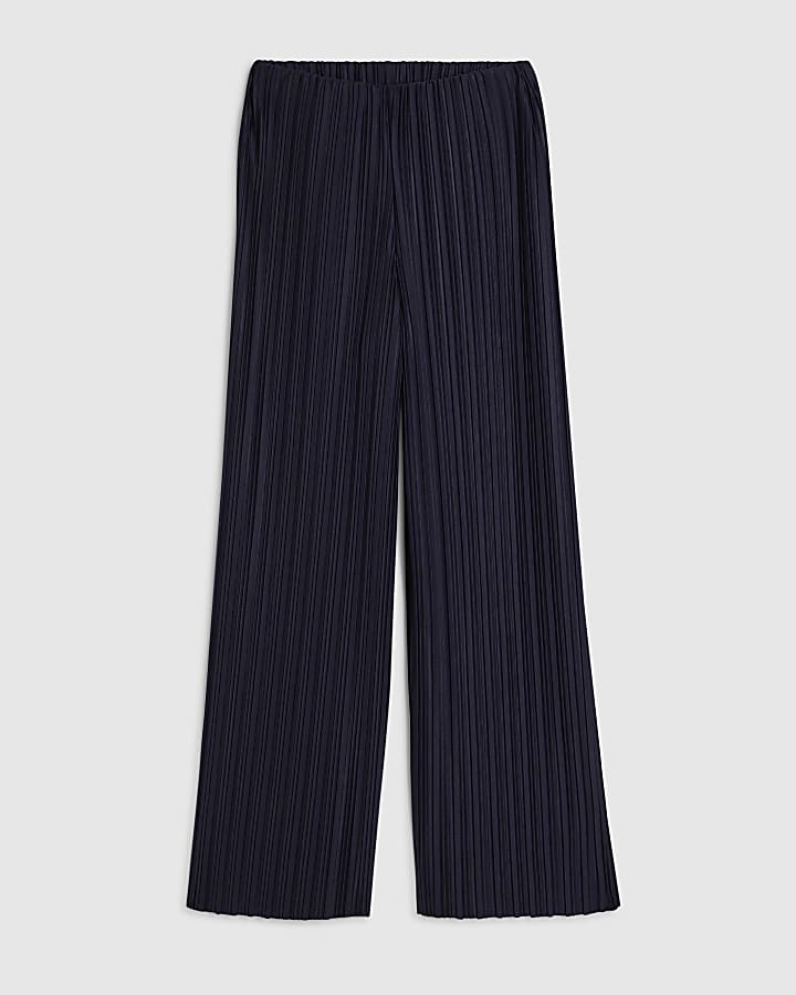 Navy Plisse Wide Leg Trousers