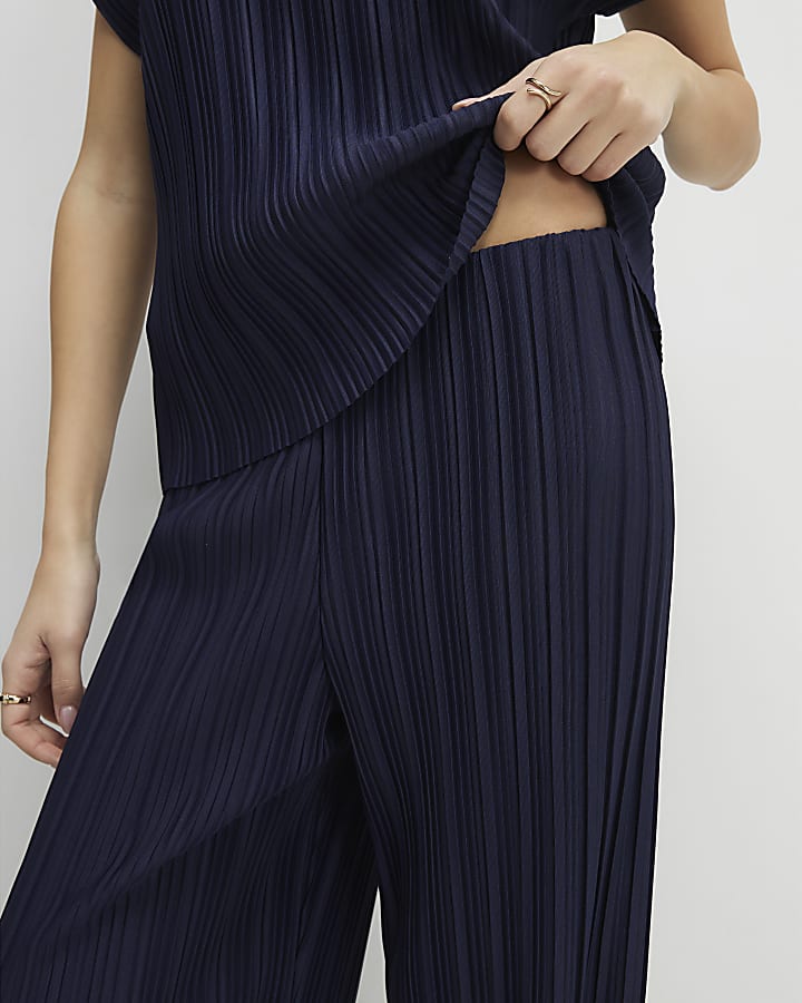 Navy Plisse Wide Leg Trousers