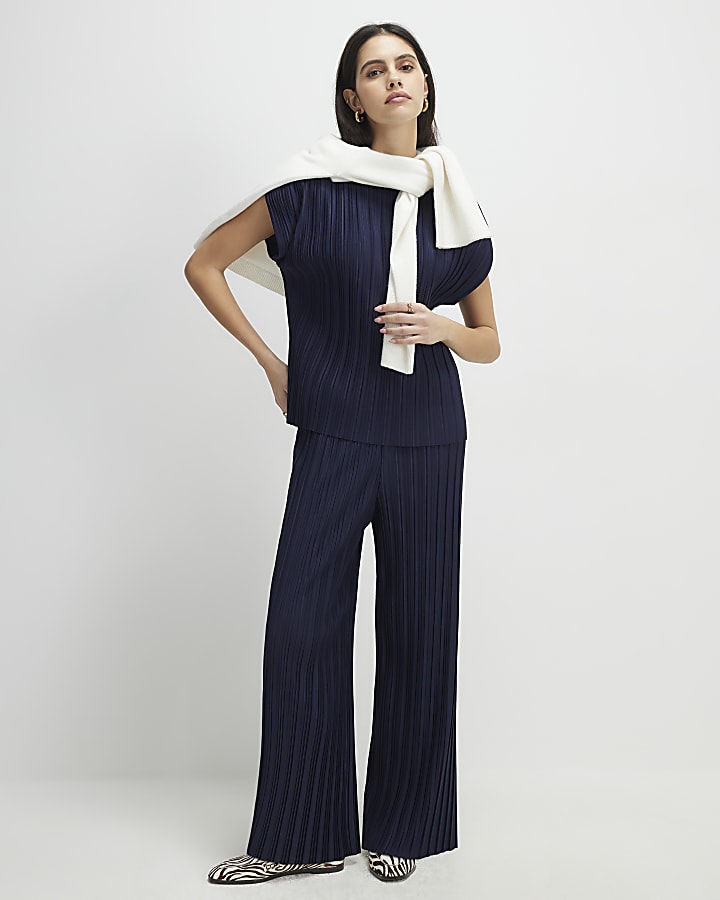 Navy Plisse Wide Leg Trousers