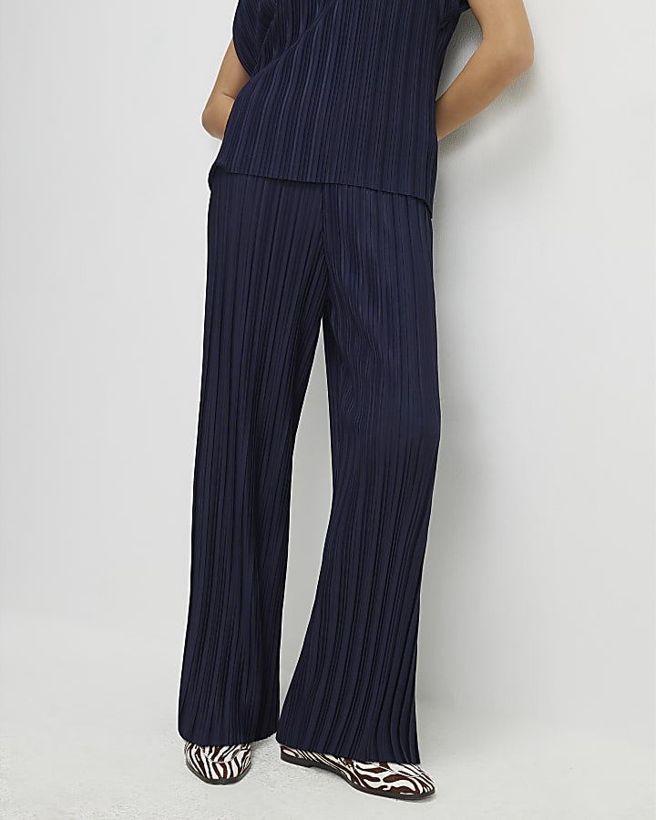 Navy Plisse Wide Leg Trousers