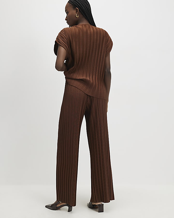Brown Plisse Wide Leg Trousers