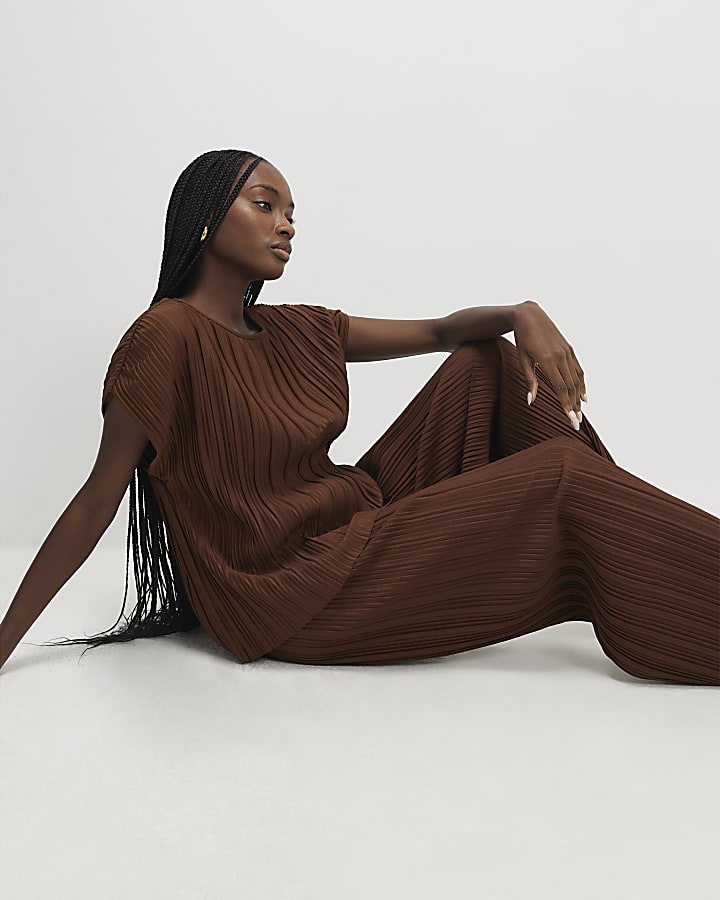 Brown Plisse Wide Leg Trousers