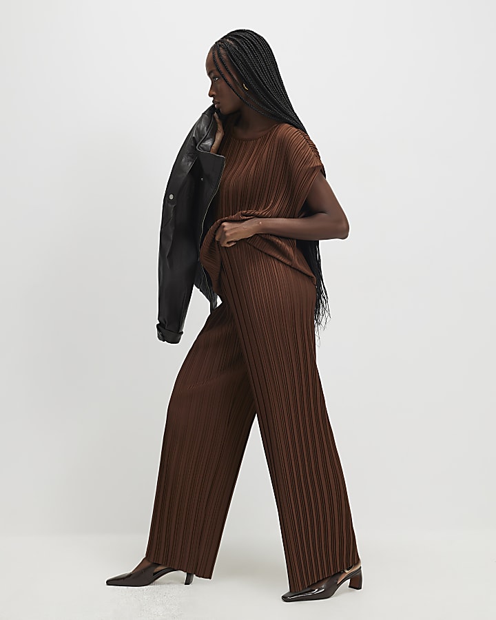 Brown Plisse Wide Leg Trousers