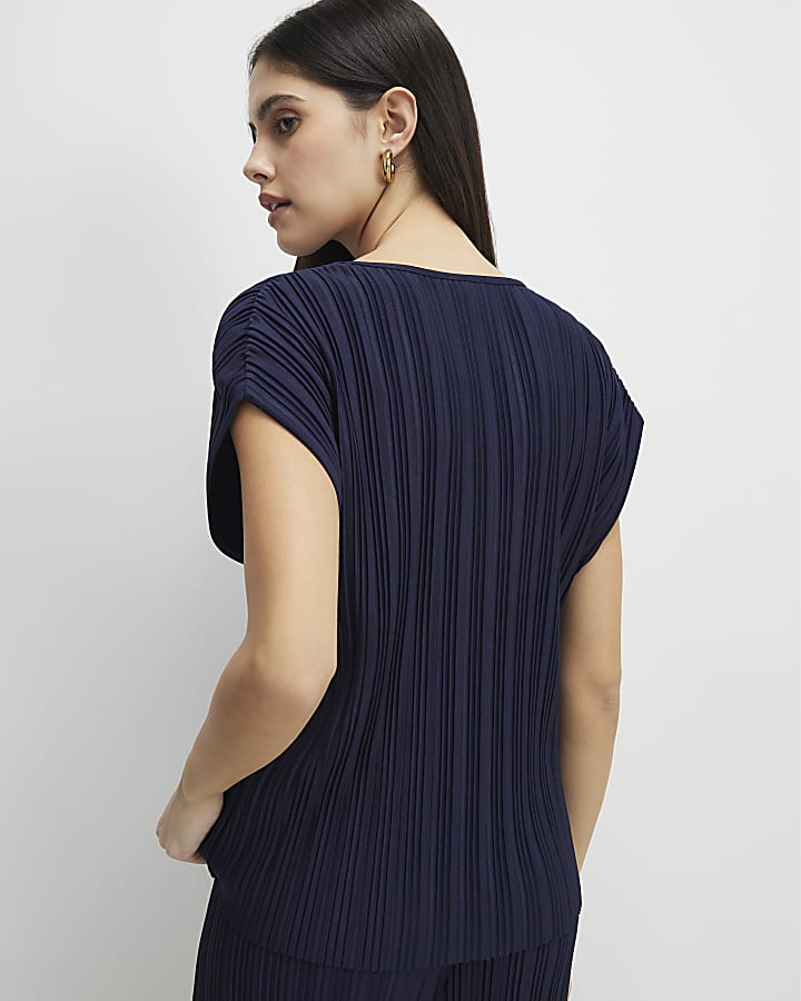 Navy Plisse Short Sleeve Top