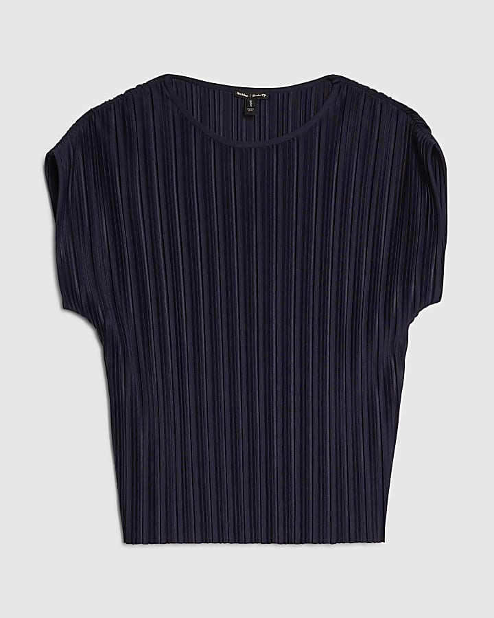 Navy Plisse Short Sleeve Top