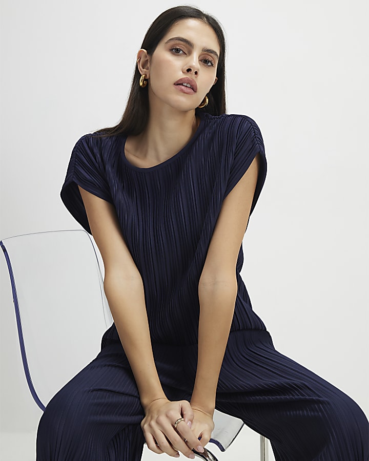 Navy Plisse Short Sleeve Top