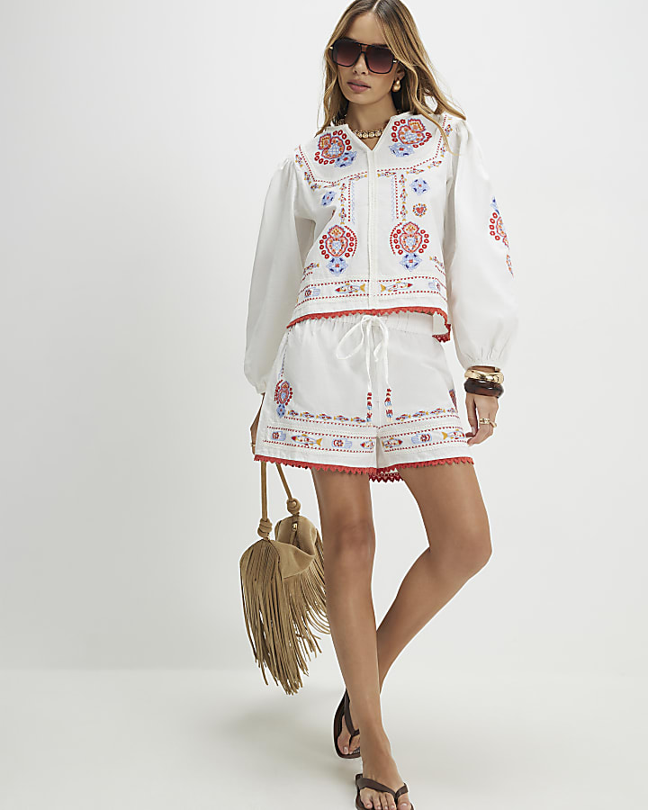 White Embroidered Shorts