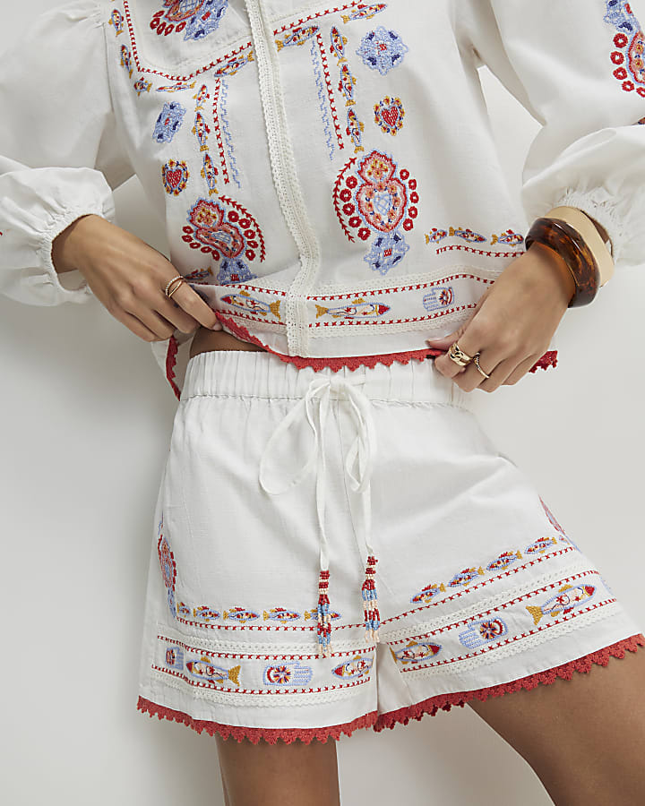 White Embroidered Shorts
