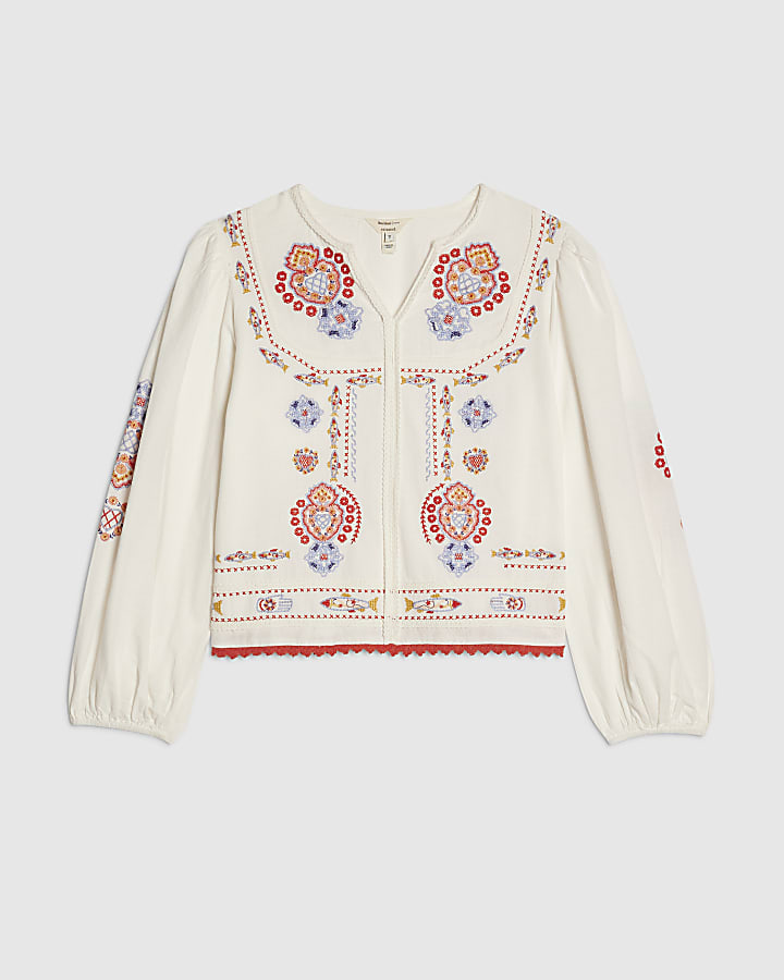 White Embroidered Long Sleeve Blouse