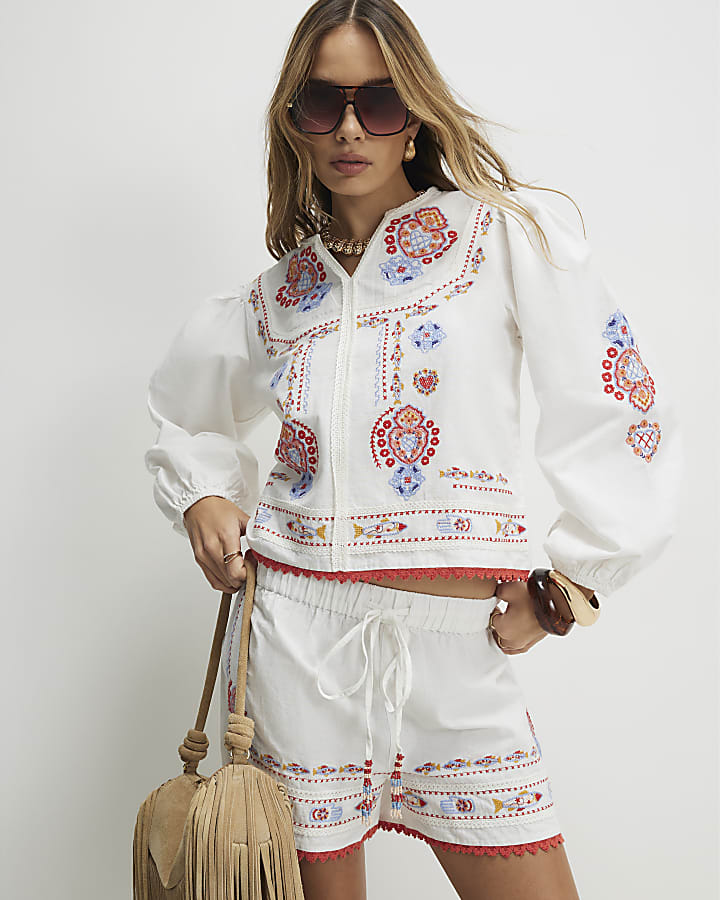 White Embroidered Long Sleeve Blouse