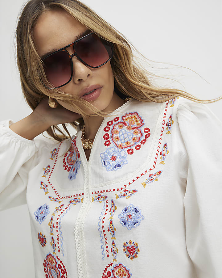 White Embroidered Long Sleeve Blouse