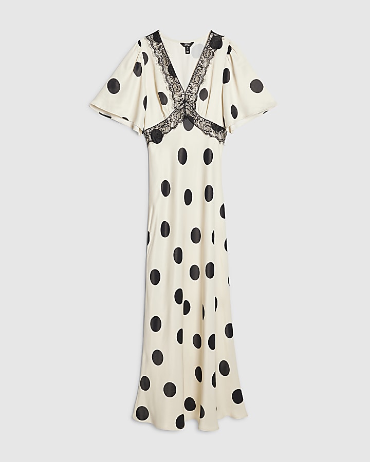 White Satin Polka Dot Midi Slip Dress