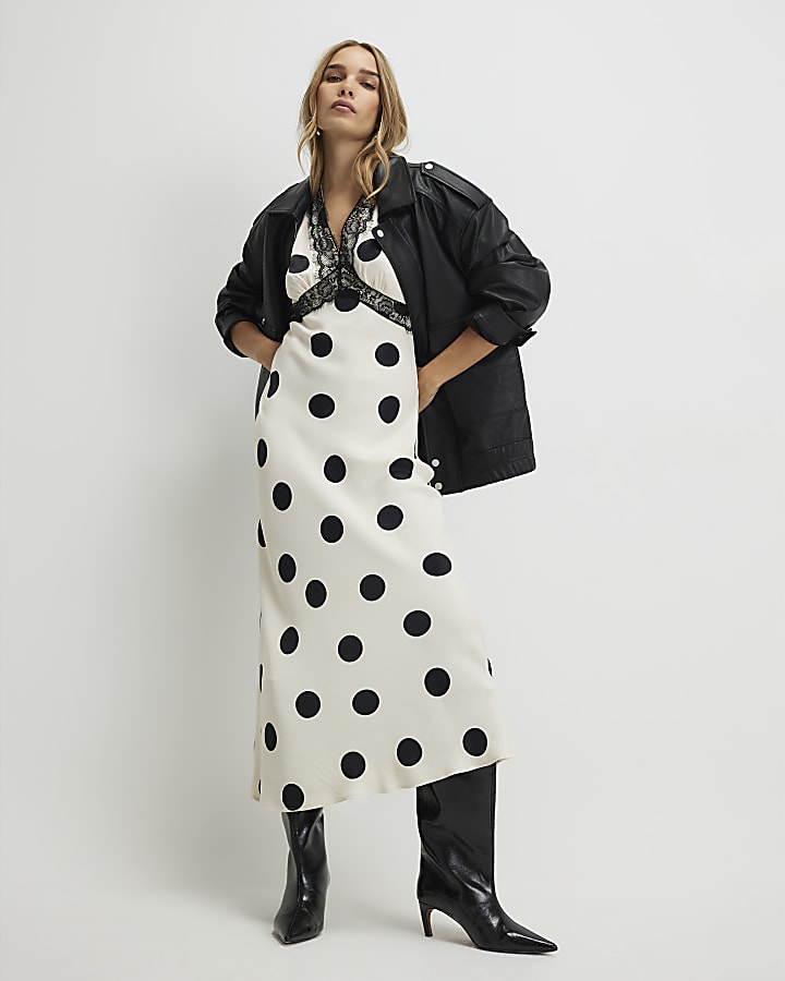 White Satin Polka Dot Midi Slip Dress