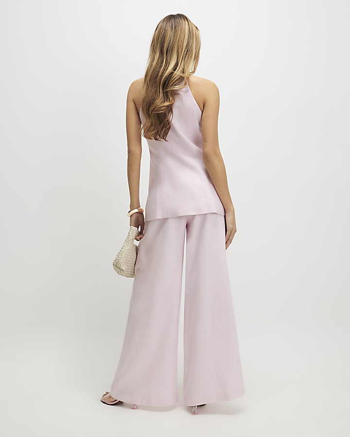 Pink Linen Look Belted Wide Leg Trousers
