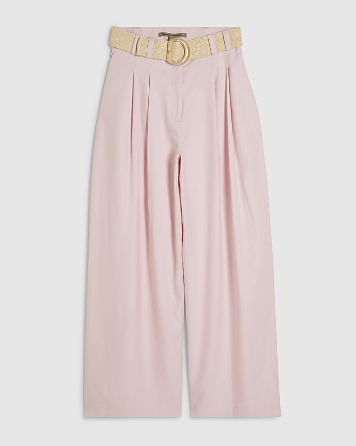 Pink Linen Look Belted Wide Leg Trousers