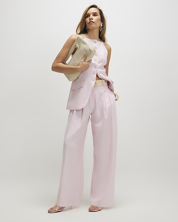 Pink Linen Look Belted Wide Leg Trousers