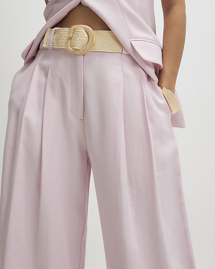 Pink Linen Look Belted Wide Leg Trousers