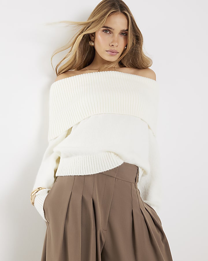 Cream Knitted Long Sleeve Bardot Top