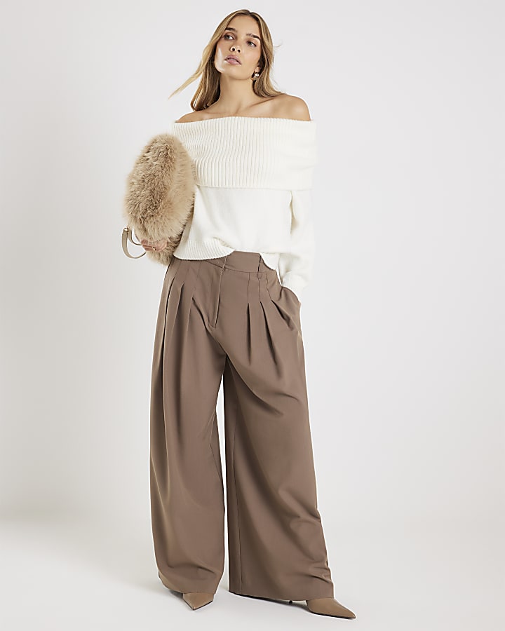 Cream Knitted Long Sleeve Bardot Top