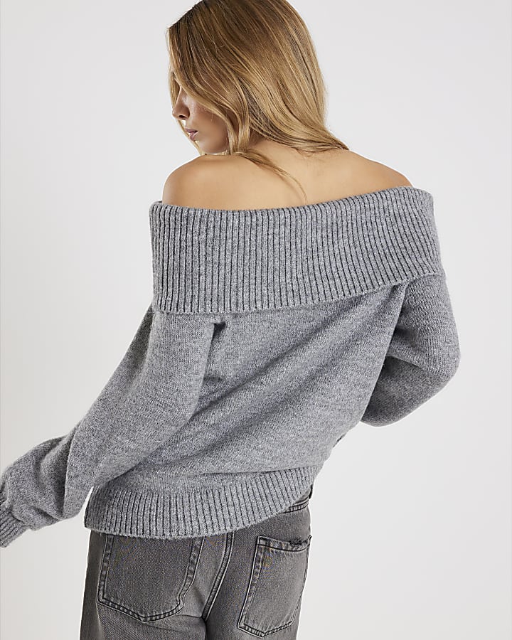 Grey Knitted Long Sleeve Bardot Top