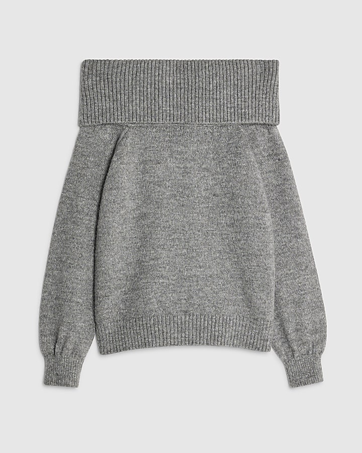 Grey Knitted Long Sleeve Bardot Top