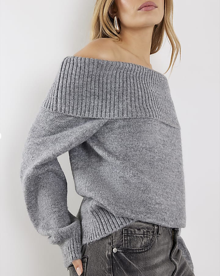 Grey Knitted Long Sleeve Bardot Top
