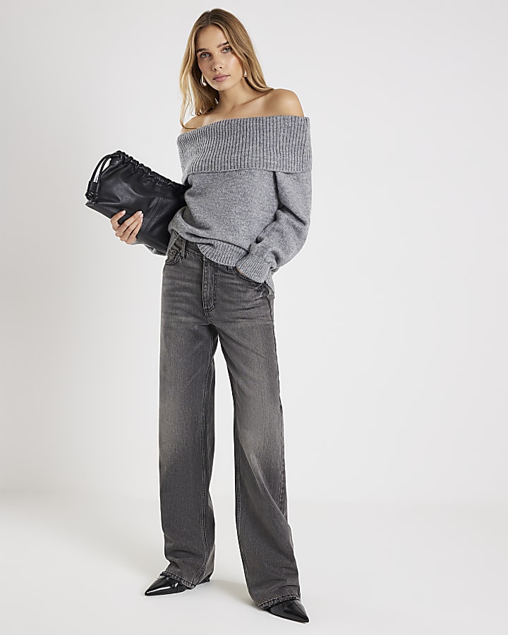 Grey Knitted Long Sleeve Bardot Top