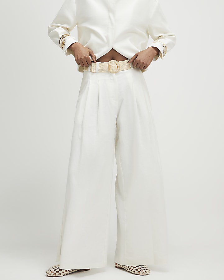 White Belted Wide Leg Trousers