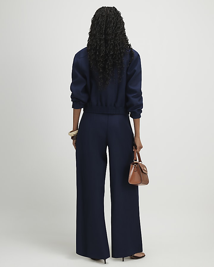 Navy Raffia Belted Wide Leg Trousers