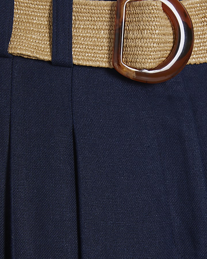Navy Raffia Belted Wide Leg Trousers